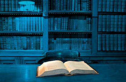 Open book on display in a law library